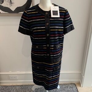 NWT CHANEL Black Knit Dress with Multicolor  Stripes. Stunning!  Size 42